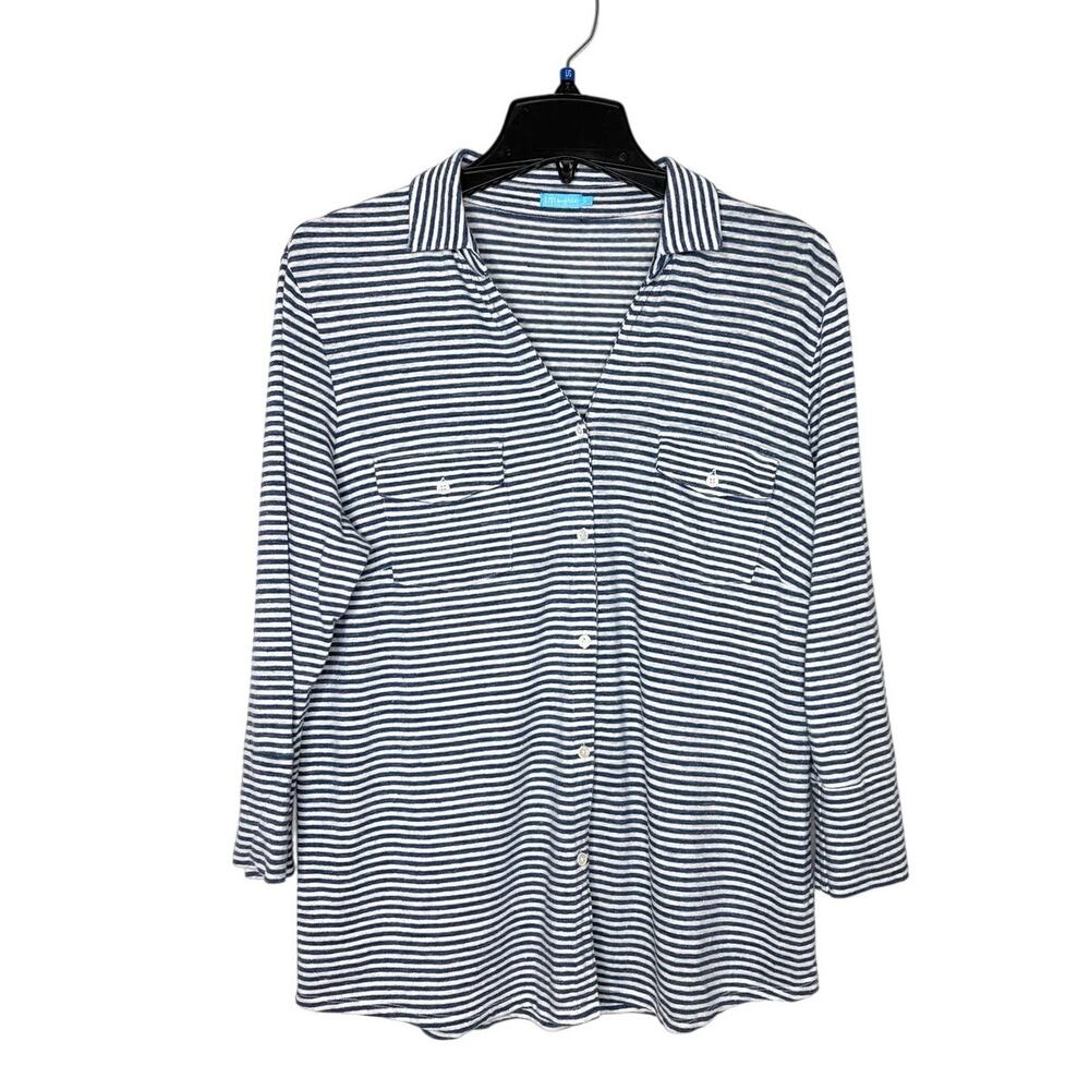 J McLaughlin Brynn Linen Stretch Collared 3/4 Sleeve Blue Stripe Shirt Sz L Chic